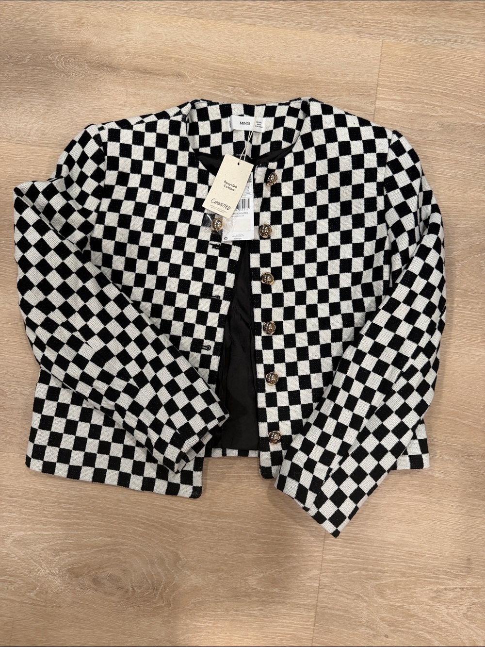BNWT Mango Black and White Checkerboard Cropped Button Jacket size large